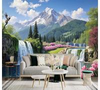 XLMING Beautiful Mountain Scenery Waterfall Pine Trees Blooming Flowers 3D Wallpaper Premium Textured Silk Study Dining Living Room Bedroom Sofa TV Wall Easy Install-300cm×210cm