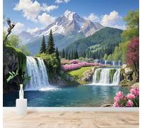 XLMING Beautiful Mountain Scenery Waterfall Pine Trees Blooming Flowers 3D Wallpaper Silky Texture Home Study Office Grey Dining Room Sofa Bedroom Living Room TV Backdrop-150cm×105cm