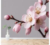 XLMING Beautiful Pink Cherry Blossoms Buds Branches Grey Background 3D Wallpaper Premium Textured Silk Study Dining Living Room Bedroom Sofa TV Wall Easy Install-350cm×256cm
