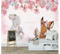 XLMING Beautiful Pink Flowers Rabbit Sika Deer 3D Wallpaper Premium Textured Silk Study Dining Living Room Bedroom Sofa TV Wall Easy Install-200cm×140cm