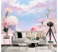 XLMING Beautiful Pink Roses White Flowers Soft Cloudy Sky 3D Wallpaper Premium Textured Silk Study Dining Living Room Bedroom Sofa TV Wall Easy Install-350cm×256cm