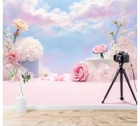 XLMING Beautiful Pink Roses White Flowers Soft Cloudy Sky 3D Wallpaper Silky Texture Home Study Office Grey Dining Room Sofa Bedroom Living Room TV Backdrop-350cm×256cm