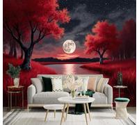 XLMING Beautiful Red Forest River Full Moon Starry Sky 3D Wallpaper Premium Textured Silk Study Dining Living Room Bedroom Sofa TV Wall Easy Install-300cm×210cm