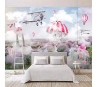 XLMING Beautiful Sky Airplane Parachute Lavender Flower Field 3D Wallpaper Silky Texture Home Study Office Grey Dining Room Sofa Bedroom Living Room TV Backdrop-350cm×256cm