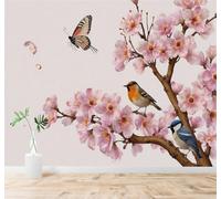 XLMING Beautiful Spring Pink Cherry Blossom Trees Little Birds Butterflies 3D Wallpaper Premium Textured Silk Study Dining Living Room Bedroom Sofa TV Wall Easy Install-400cm×280cm