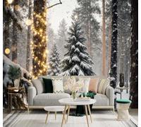XLMING Beautiful Winter Pine Forest Snowy Landscape Golden Lights 3D Wallpaper Premium Textured Silk Study Dining Living Room Bedroom Sofa TV Wall Easy Install-250cm×170cm