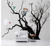 XLMING Black and White Atmospheric Large Trees Birds in Flight Parrots 3D Wallpaper Silky Texture Home Study Office Grey Dining Room Sofa Bedroom Living Room TV Backdrop-430cm×300cm
