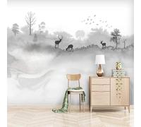 XLMING Black and White Forest Animals Elk Birds in Flight 3D Wallpaper Premium Textured Silk Study Dining Living Room Bedroom Sofa TV Wall Easy Install-430cm×300cm