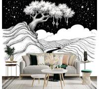 XLMING Black and White Hills Trees Flowing Rivers A Starry Sky 3D Wallpaper Premium Textured Silk Study Dining Living Room Bedroom Sofa TV Wall Easy Install-300cm×210cm