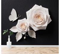 XLMING Black Background Beautiful Three Dimensional White Rose Butterfly 3D Wallpaper Premium Textured Silk Study Dining Living Room Bedroom Sofa TV Wall Easy Install-250cm×170cm