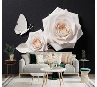 XLMING Black Background Beautiful Three Dimensional White Rose Butterfly 3D Wallpaper Silky Texture Home Study Office Grey Dining Room Sofa Bedroom Living Room TV Backdrop-200cm×140cm