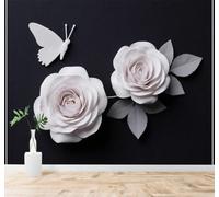 XLMING Black Background White Roses Butterflies Elegant Flowers Art 3D Wallpaper Silky Texture Home Study Office Grey Dining Room Sofa Bedroom Living Room TV Backdrop-200cm×140cm