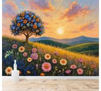 XLMING Blossoming Trees Colourful Wildflowers Rolling Hills Sunset 3D Wallpaper Premium Textured Silk Study Dining Living Room Bedroom Sofa TV Wall Easy Install-150cm×105cm