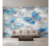 XLMING Blue Butterfly Diamond White Flower 3D Wallpaper Premium Textured Silk Study Dining Living Room Bedroom Sofa TV Wall Easy Install-430cm×300cm