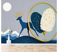 XLMING Blue Deer Golden Antlers Feathers Moonlight Landscape 3D Wallpaper Silky Texture Home Study Office Grey Dining Room Sofa Bedroom Living Room TV Backdrop-300cm×210cm
