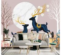 XLMING Blue Deer Golden Antlers Trees Full Moon Landscape 3D Wallpaper Premium Textured Silk Study Dining Living Room Bedroom Sofa TV Wall Easy Install-250cm×170cm
