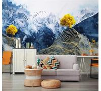 XLMING Blue Ink Wash Gold Lines Trees Elk 3D Wallpaper Luxury Home Dining Decor Paste Sofa Living Room The Wall for Bedroom Mural-350cm×256cm
