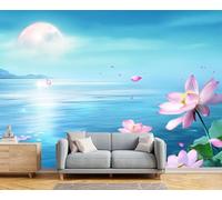 XLMING Blue Lake Moon Pink Lotus 3D Wallpaper Premium Textured Silk Study Dining Living Room Bedroom Sofa TV Wall Easy Install-430cm×300cm