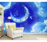 XLMING Blue Moon Stars Sky Clouds 3D Wallpaper Premium Textured Silk Study Dining Living Room Bedroom Sofa TV Wall Easy Install-300cm×210cm