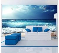 XLMING Blue Sea Beach Coast Landscape 3D Wallpaper Luxury Silk Study Dining Feature Sofa Grey Bedroom Living Room Tv Decorative Wall-400cm×280cm