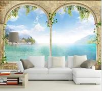 XLMING Blue Sky Ocean Castle Brick Wall Plants 3D Wallpaper Premium Textured Silk Study Dining Living Room Bedroom Sofa TV Wall Easy Install-300cm×210cm