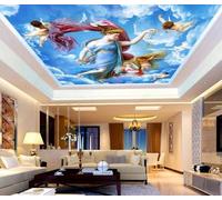 XLMING Blue Sky White Clouds Birds in Flight Figures Angels 3D Wallpaper Silky Texture Home Study Office Grey Dining Room Sofa Bedroom Living Room TV Backdrop-200cm×140cm
