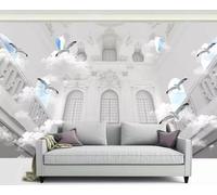 XLMING Blue Sky White Clouds Birds in Flight Large Scale Architecture 3D Wallpaper Premium Textured Silk Study Dining Living Room Bedroom Sofa TV Wall Easy Install-350cm×256cm