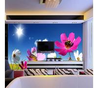 XLMING Blue Sky White Clouds Butterflies Bees Pink Flowers 3D Wallpaper Silky Texture Home Study Office Grey Dining Room Sofa Bedroom Living Room TV Backdrop-400cm×280cm