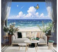 XLMING Blue Sky White Clouds Flowers Butterflies The Sea Scenery 3D Wallpaper Premium Textured Silk Study Dining Living Room Bedroom Sofa TV Wall Easy Install-300cm×210cm