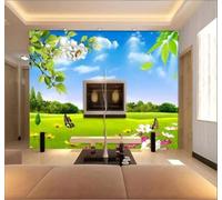 XLMING Blue Sky White Clouds Green Grass Flowers 3D Wallpaper Premium Textured Silk Study Dining Living Room Bedroom Sofa TV Wall Easy Install-300cm×210cm