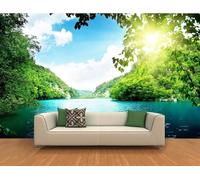 XLMING Blue Sky White Clouds Mountains and Rivers Sunshine Scenery 3D Wallpaper Silky Texture Home Study Office Grey Dining Room Sofa Bedroom Living Room TV Backdrop-200cm×140cm