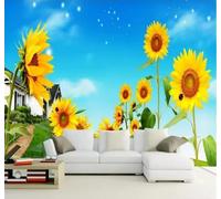XLMING Blue Sky White Clouds Sunflowers Houses Grassland 3D Wallpaper Premium Textured Silk Study Dining Living Room Bedroom Sofa TV Wall Easy Install-430cm×300cm