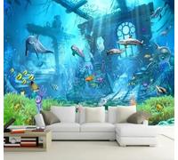 XLMING Blue Underwater World School of Fish Seaweed Architecture 3D Wallpaper Premium Textured Silk Study Dining Living Room Bedroom Sofa TV Wall Easy Install-150cm×105cm