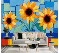 XLMING Blue Vase Colourful Sunflowers Abstract Multicoloured Geometric 3D Wallpaper Premium Textured Silk Study Dining Living Room Bedroom Sofa TV Wall Easy Install-430cm×300cm