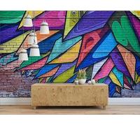 XLMING Brick Wall Colourful Geometric Graffiti Art 3D Wallpaper Premium Textured Silk Study Dining Living Room Bedroom Sofa TV Wall Easy Install-350cm×256cm