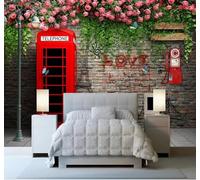 XLMING Brick Wall Red Telephone Box Roses Vines 3D Wallpaper Luxury Home Dining Decor Paste Sofa Living Room The Wall for Bedroom Mural-430cm×300cm