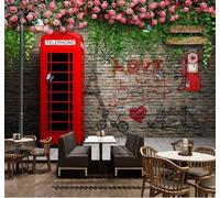 XLMING Brick Wall Red Telephone Box Roses Vines 3D Wallpaper Luxury Silk Study Dining Feature Sofa Grey Bedroom Living Room Tv Decorative Wall-300cm×210cm