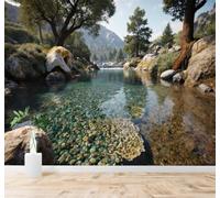 XLMING Bright Mountains and Rivers Trees Rocks Waterfalls Scenery 3D Wallpaper Silky Texture Home Study Office Grey Dining Room Sofa Bedroom Living Room TV Backdrop-400cm×280cm
