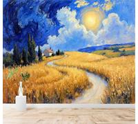 XLMING Bright Rural Scenery Wheat Fields Blue Skies Sunny Clouds 3D Wallpaper Premium Textured Silk Study Dining Living Room Bedroom Sofa TV Wall Easy Install-350cm×256cm