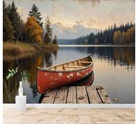 XLMING Canoe Country Lake Autumn Forest Reflection Wooden Jetty 3D Wallpaper Silky Texture Home Study Office Grey Dining Room Sofa Bedroom Living Room TV Backdrop-430cm×300cm
