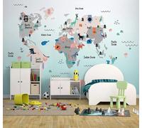 XLMING Cartoon Abstract Fresh World Map Animals 3D Wallpaper Silky Texture Home Study Office Grey Dining Room Sofa Bedroom Living Room TV Backdrop-250cm×170cm