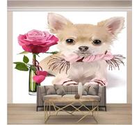 XLMING Cartoon Animal Puppy Pink Flowers 3D Wallpaper Textured Silk Easy Install Living Room Sofa Bedroom Dining Room Home Decoration Wall-300cm×210cm