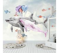 XLMING Cartoon Animals Dolphins Little Fish Balloons 3D Wallpaper Luxury Silk Study Dining Feature Sofa Grey Bedroom Living Room Tv Decorative Wall-250cm×170cm