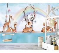 XLMING Cartoon Animals Moose Flowers Rainbow 3D Wallpaper Silky Texture Home Study Office Grey Dining Room Sofa Bedroom Living Room TV Backdrop-300cm×210cm