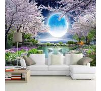 XLMING Cartoon Beautiful Cherry Blossoms Forest Flowers Night Scene 3D Wallpaper Premium Textured Silk Study Dining Living Room Bedroom Sofa TV Wall Easy Install-300cm×210cm
