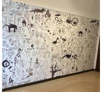 XLMING Cartoon Black and White Graffiti Characters Animals 3D Wallpaper Premium Textured Silk Study Dining Living Room Bedroom Sofa TV Wall Easy Install-200cm×140cm
