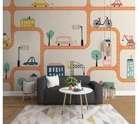XLMING Cartoon Cars Houses Roads Trees 3D Wallpaper Luxury Silk Study Dining Feature Sofa Grey Bedroom Living Room Tv Decorative Wall-200cm×140cm