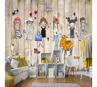XLMING Cartoon Colourful Cute Girl Retro Wood Grain 3D Wallpaper Premium Textured Silk Study Dining Living Room Bedroom Sofa TV Wall Easy Install-350cm×256cm