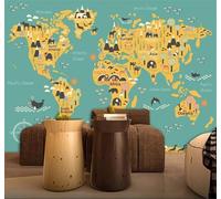 XLMING Cartoon Creative World Map Animals Trees 3D Wallpaper Silky Texture Home Study Office Grey Dining Room Sofa Bedroom Living Room TV Backdrop-300cm×210cm
