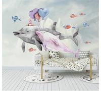 XLMING Cartoon Cute Balloons Dolphins Lighthouse 3D Wallpaper Silky Texture Home Study Office Grey Dining Room Sofa Bedroom Living Room TV Backdrop-200cm×140cm